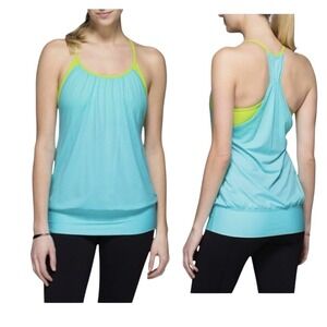 Lululemon No Limits Tank‎ Womens 6 Blue Green 2-in-1 Built-in Bra Mesh Racerback